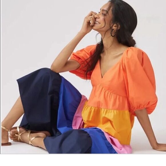 Anthropologie Farm Rio Tiered Colorblock
Puff Sleeves Fun Maxi Dress - Picture 4 of 16